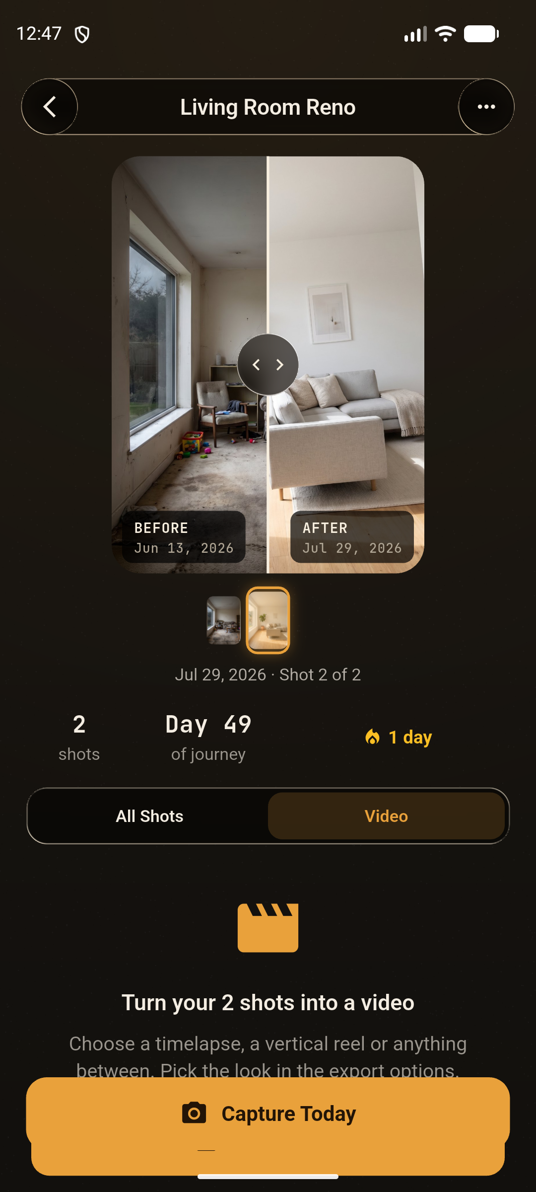 Progress reel screen turning aligned photos into a vertical video