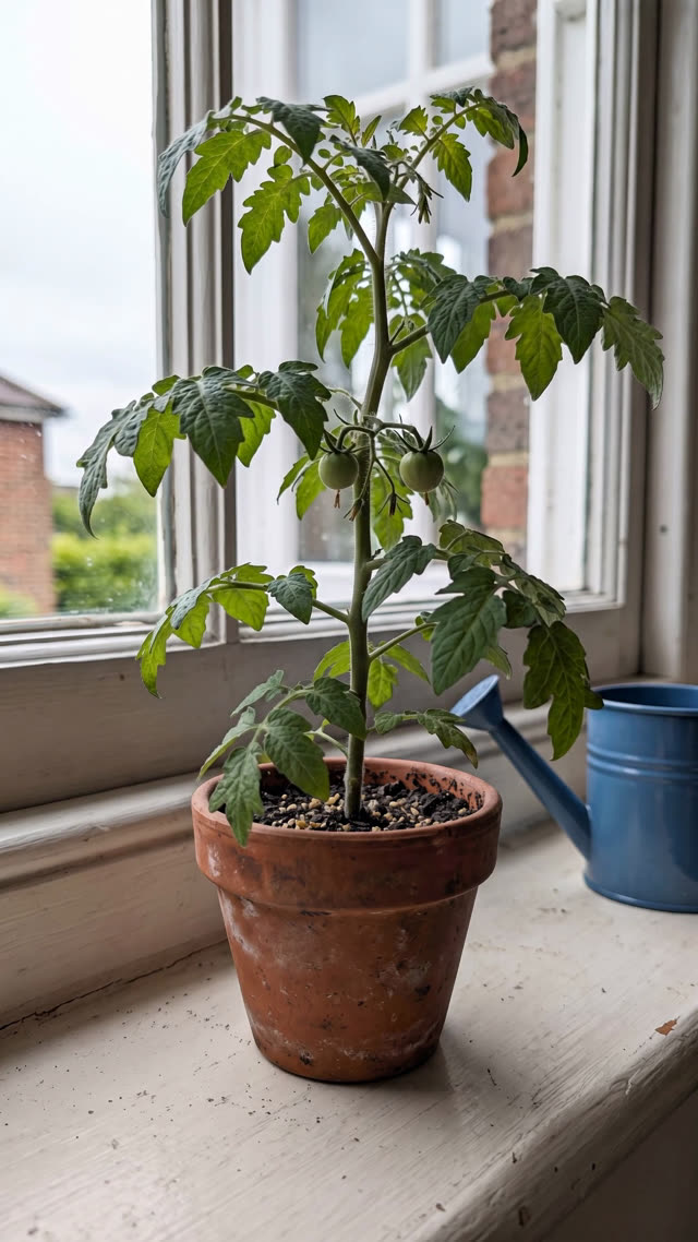 The same pot on the same windowsill, now a tall tomato plant