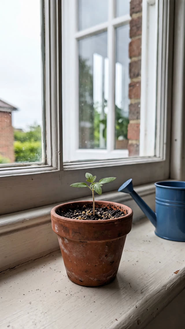 A tomato seedling with four small leaves on a windowsill